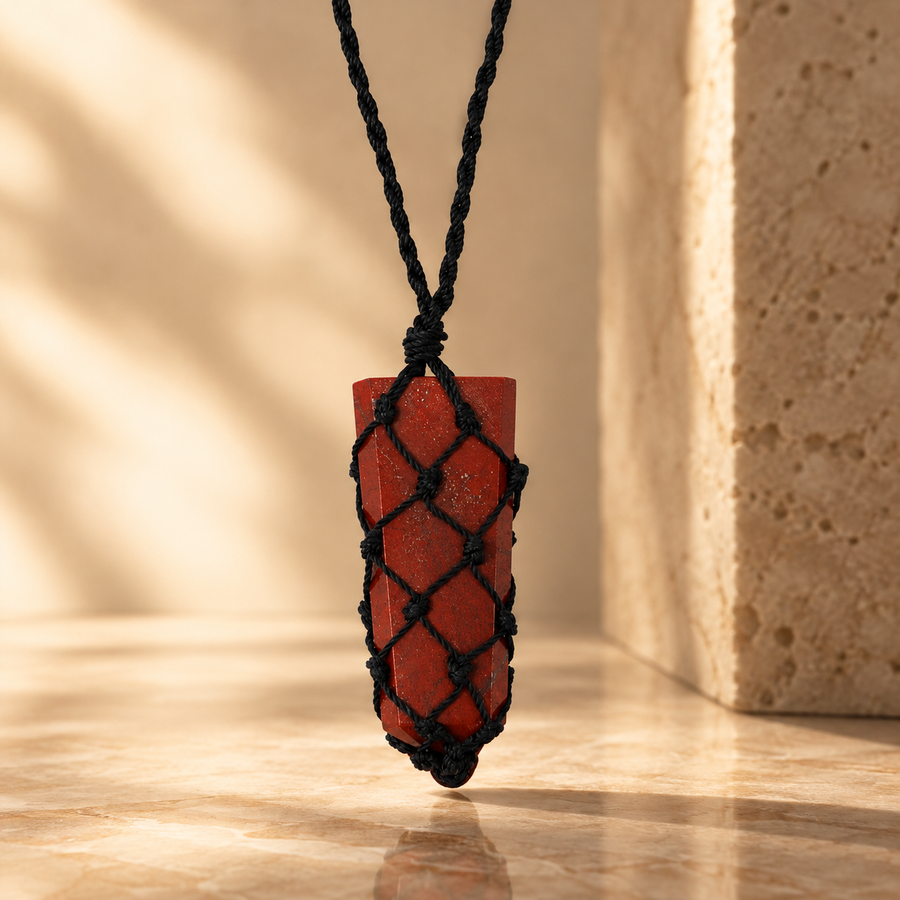 Pendentif pointe plate en pierre enlacée, jaspe rouge