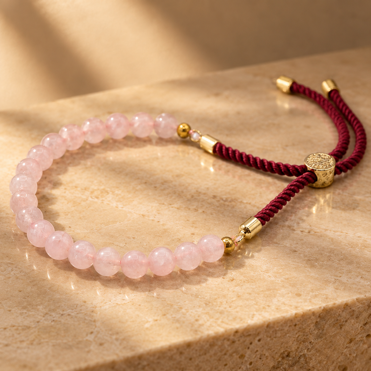 Bracelet ajustable en quartz rose, cordon bordeaux