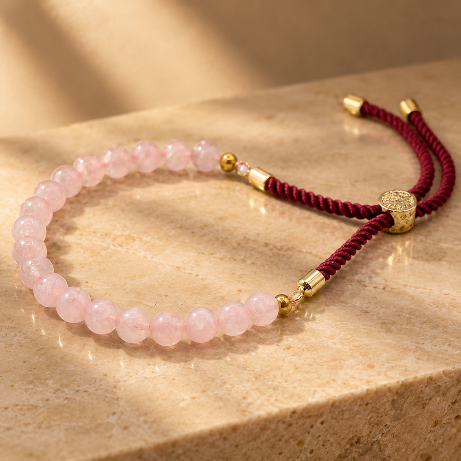 Bracelet ajustable en quartz rose, cordon bordeaux