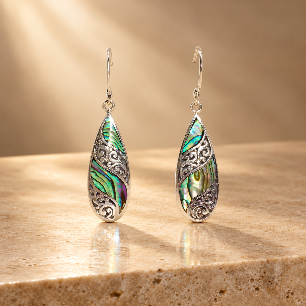 Boucles d’oreilles longues gouttes en argent 925 et ormeau