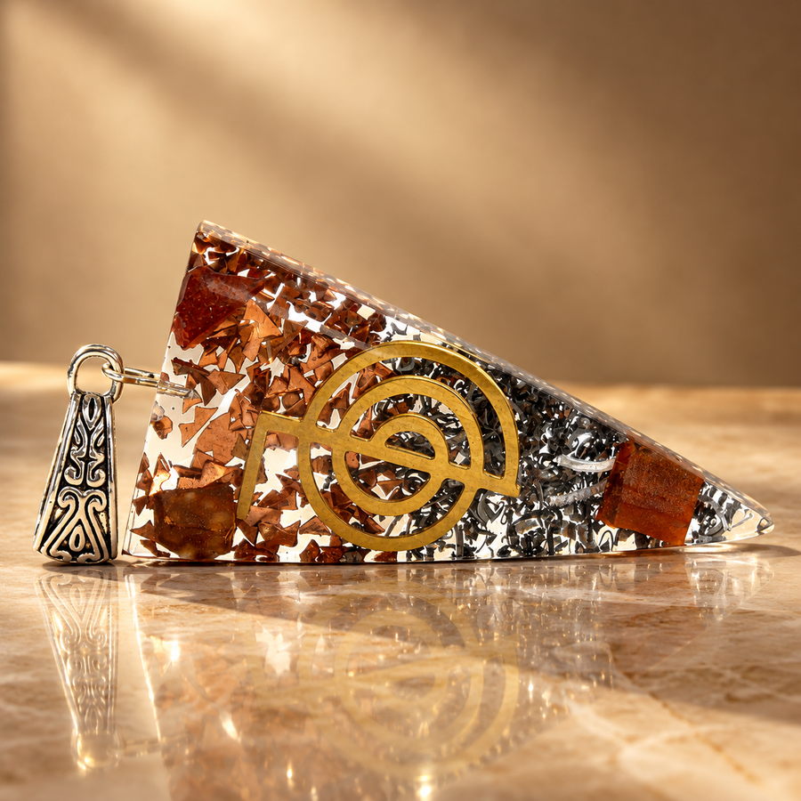 Pendentif en orgonite, pointe trois métaux