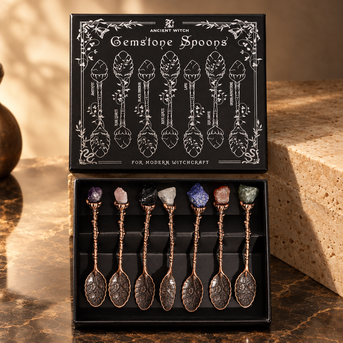 Set de 7 cuillères à pierres brutes, finition bronze
