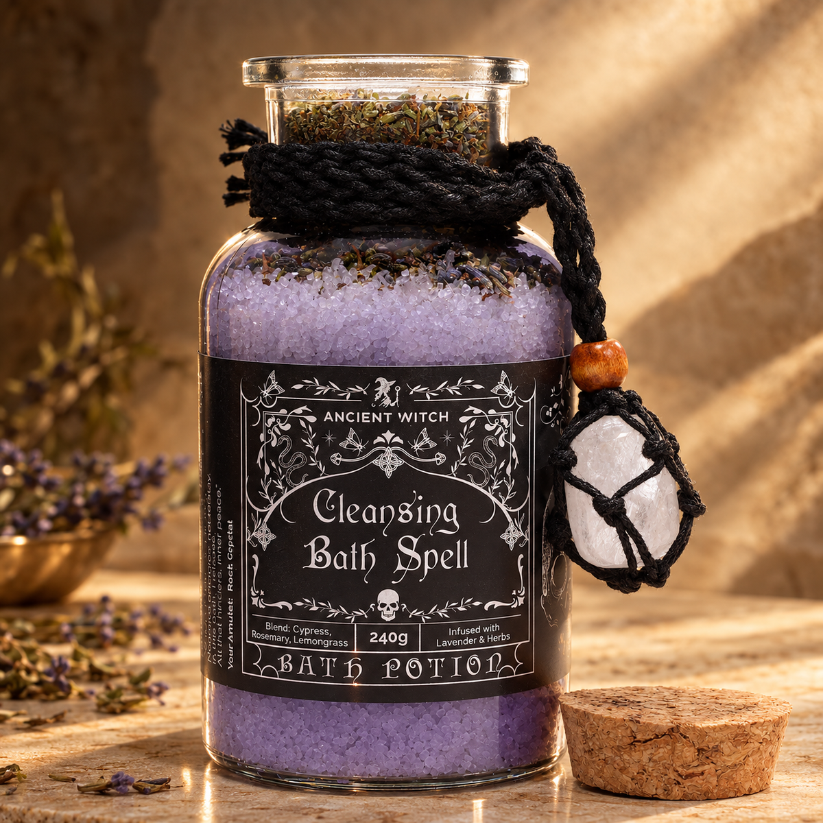 Potion de bain de sorcière, amulette de cristal de roche