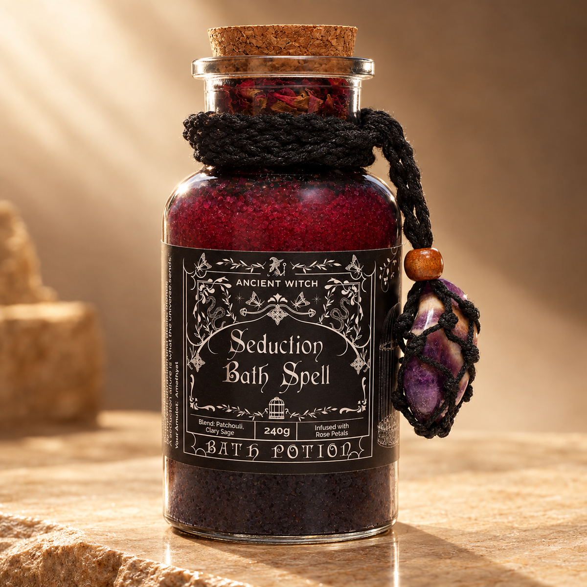 Potion de bain de sorcière, amulette d’améthyste