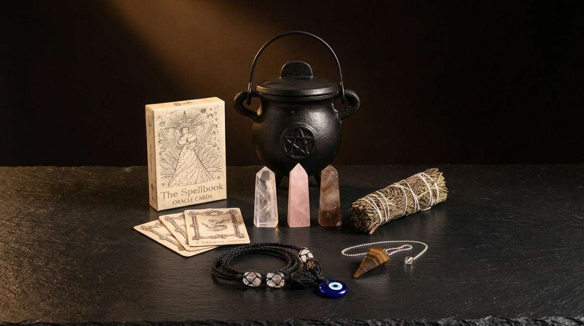 Kit baby witch : le chaudron, la fumigation, le collier de protection, le pendule, les obélisques et l’oracle réunis