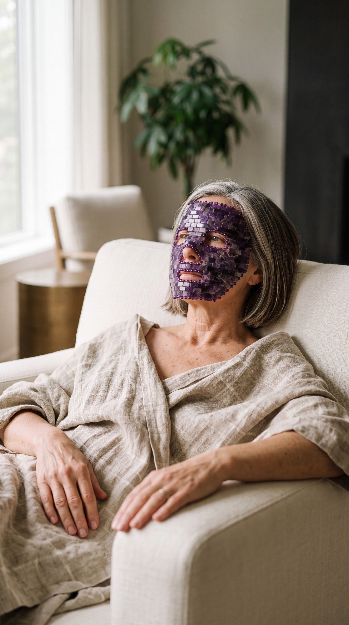 Femme d’environ 50 ans, détendue dans un fauteuil, portant un masque de visage en améthyste