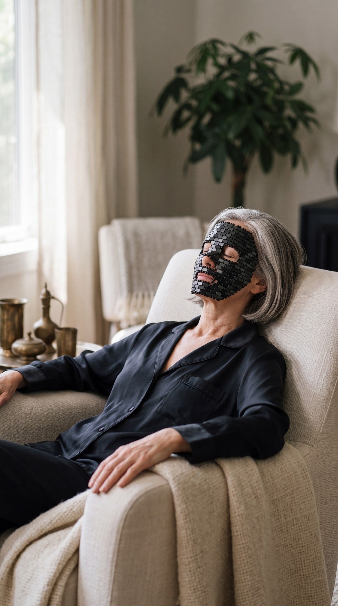 Femme d’environ 50 ans, les yeux fermés, détendue dans un fauteuil, portant un masque de visage en obsidienne