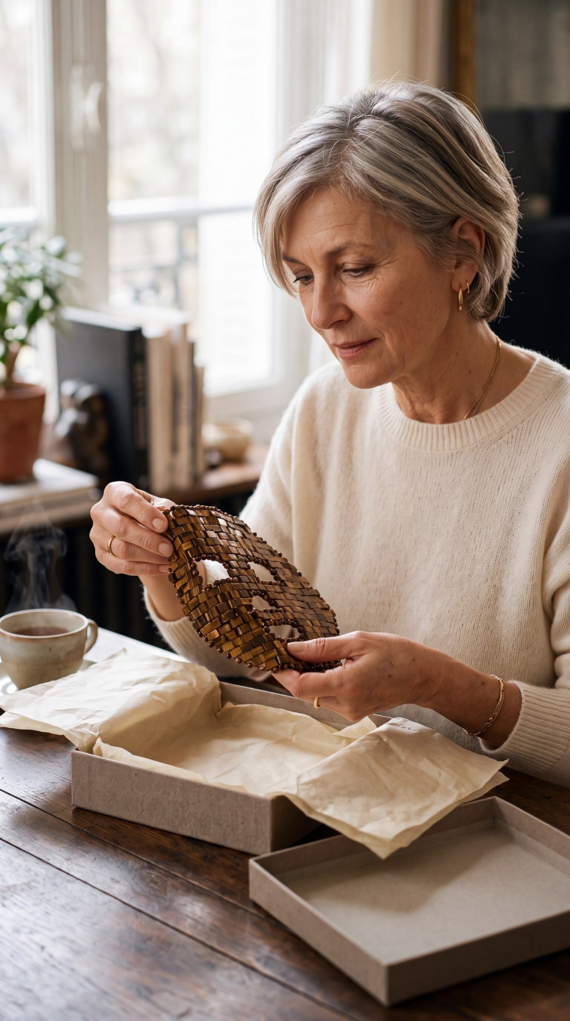 Femme déballant un masque de visage en œil de tigre