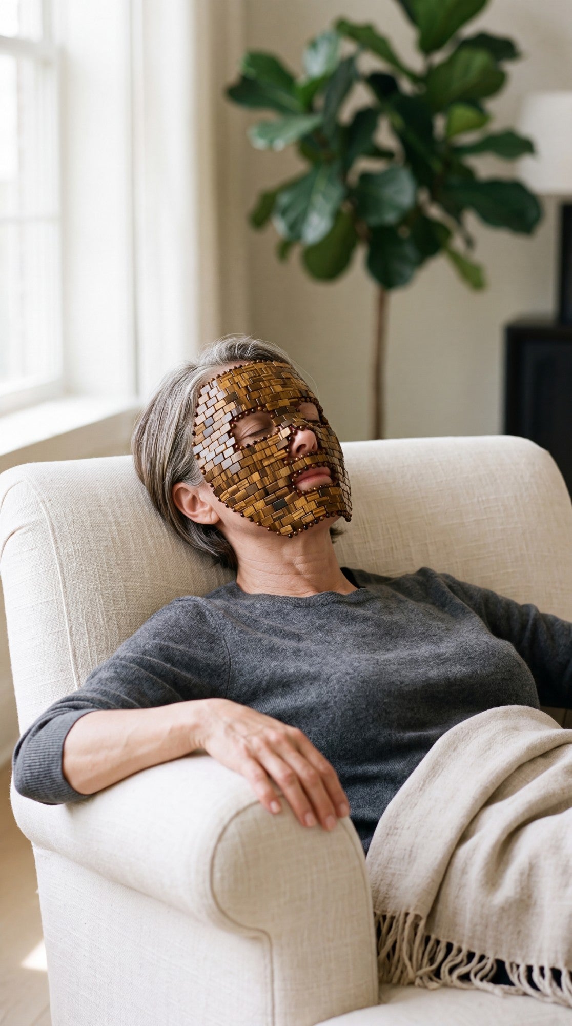Femme d’environ 50 ans, détendue dans un fauteuil, portant un masque de visage en œil de tigre