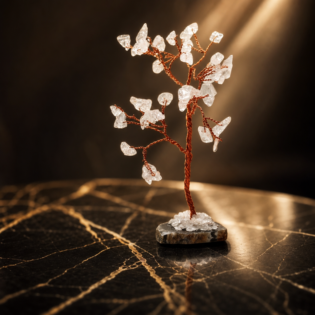 Arbre de gemmes en cristal de roche, socle d’agate, 35 pierres