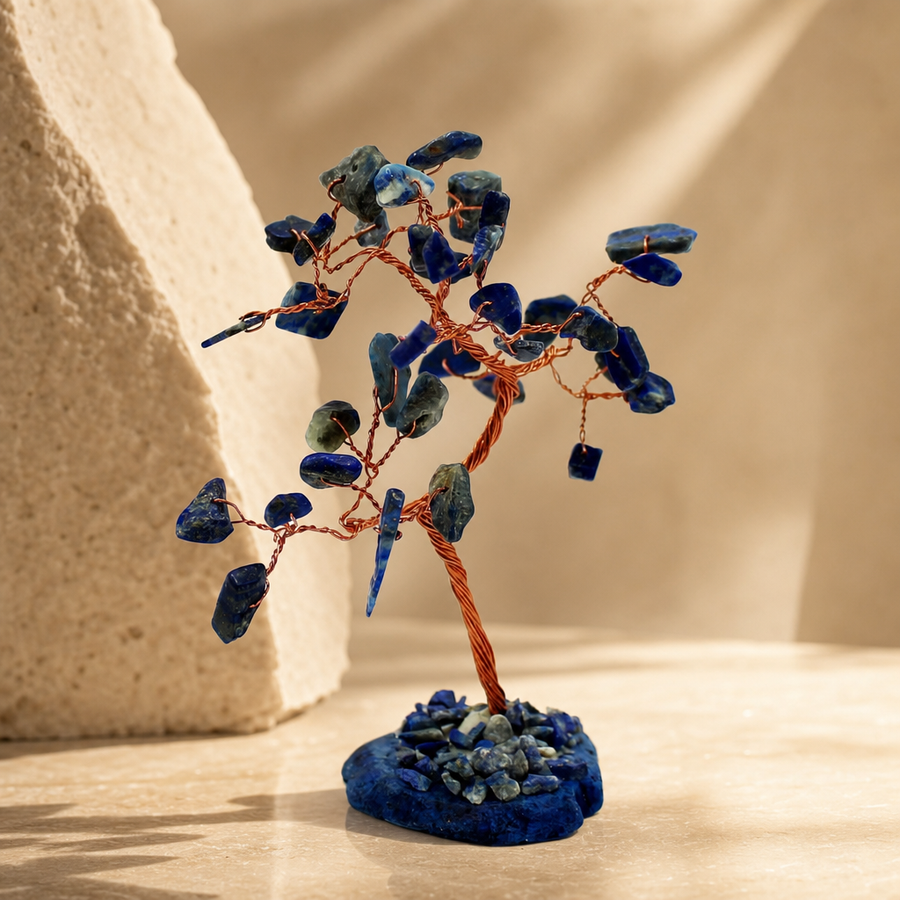 Arbre de gemmes en sodalite, socle d’agate, 35 pierres