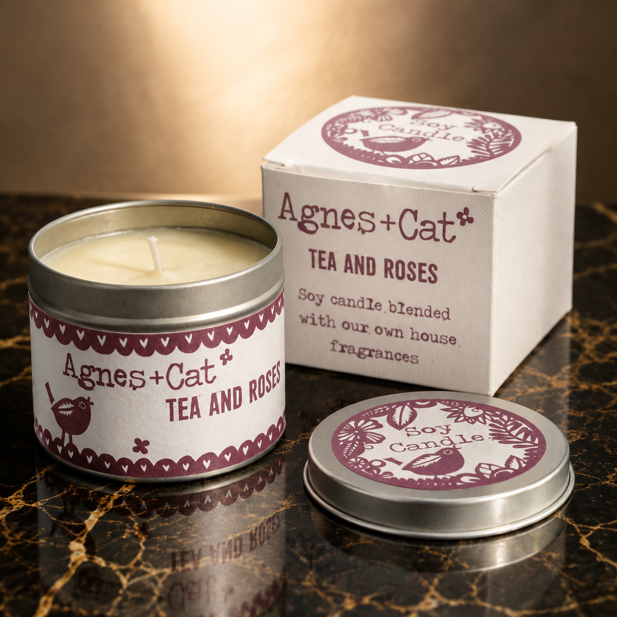 Bougie Thé et roses en pot métal 200 g