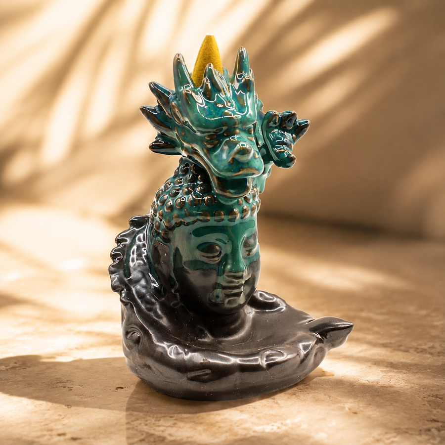 Brûleur d’encens à reflux dragon sur Bouddha