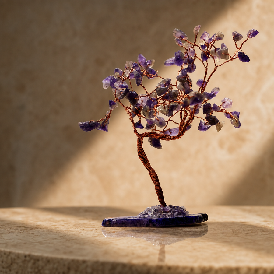 Arbre de gemmes en améthyste, socle d’agate, 100 pierres