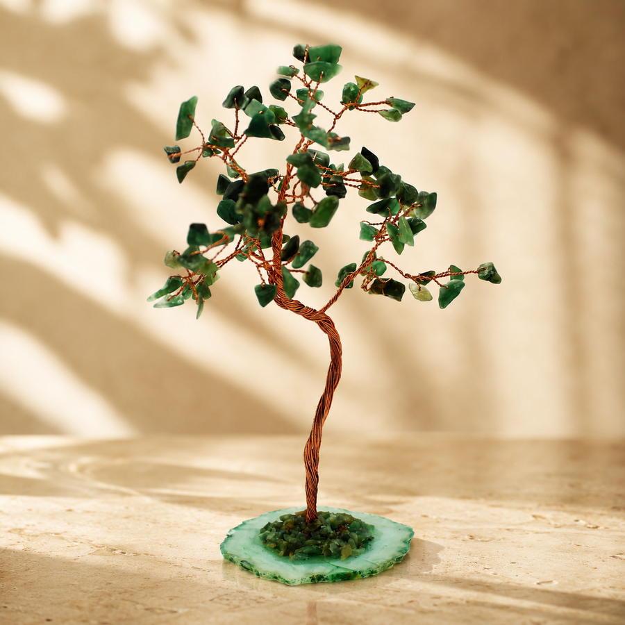 Arbre de gemmes en aventurine verte, socle d’agate, 100 pierres