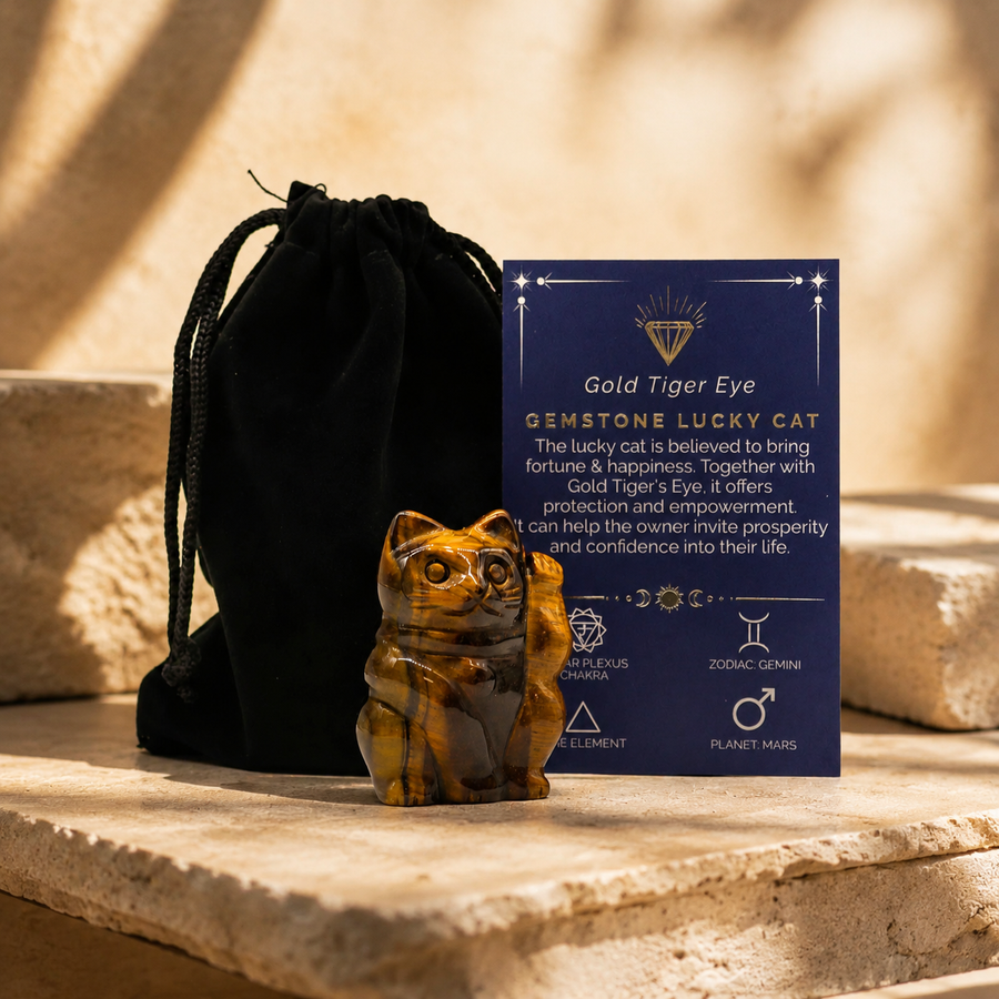 Chat de la fortune en œil de tigre doré 5 cm