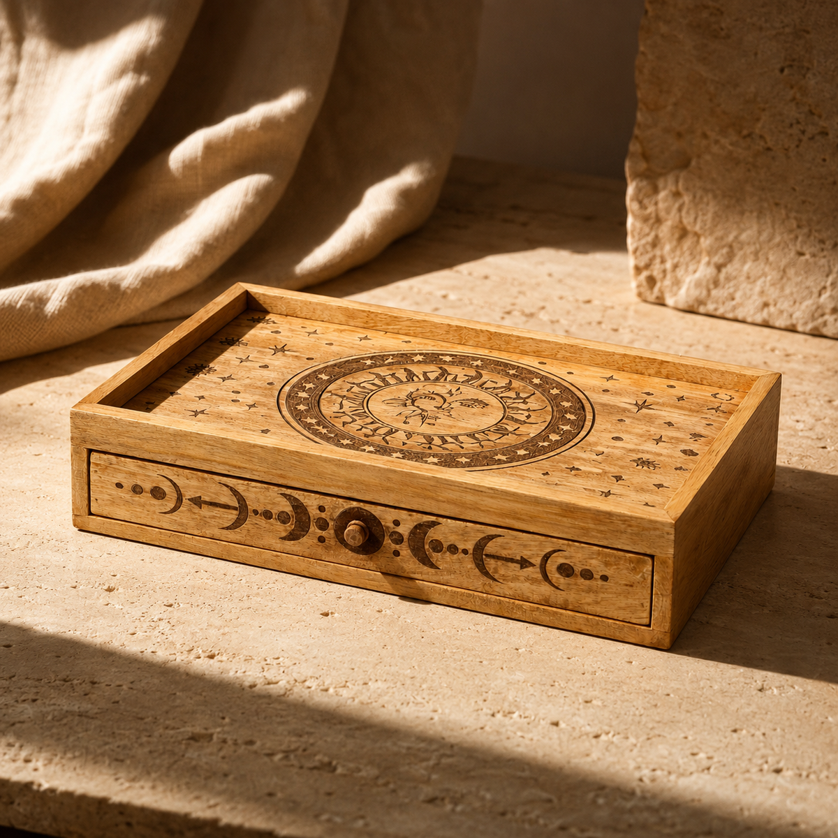Coffret de tarot sculpté à tiroir soleil et lune — vue 2