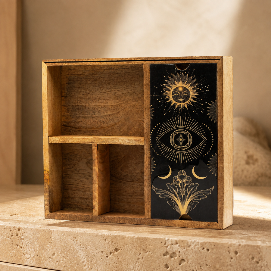Coffret de tarot noir et or, œil et phases de lune