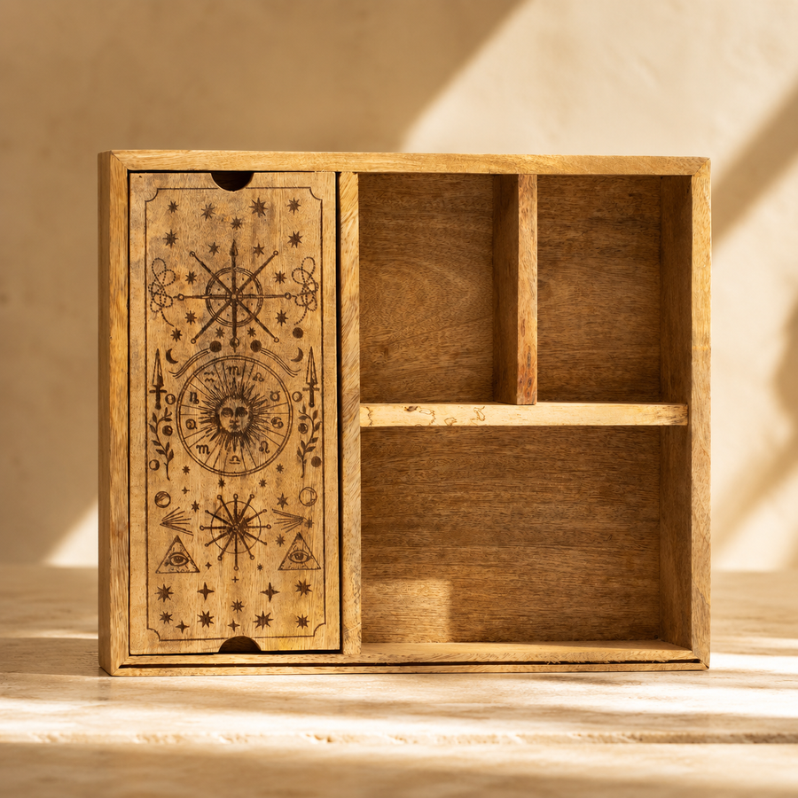Coffret de tarot à quatre compartiments, bois gravé