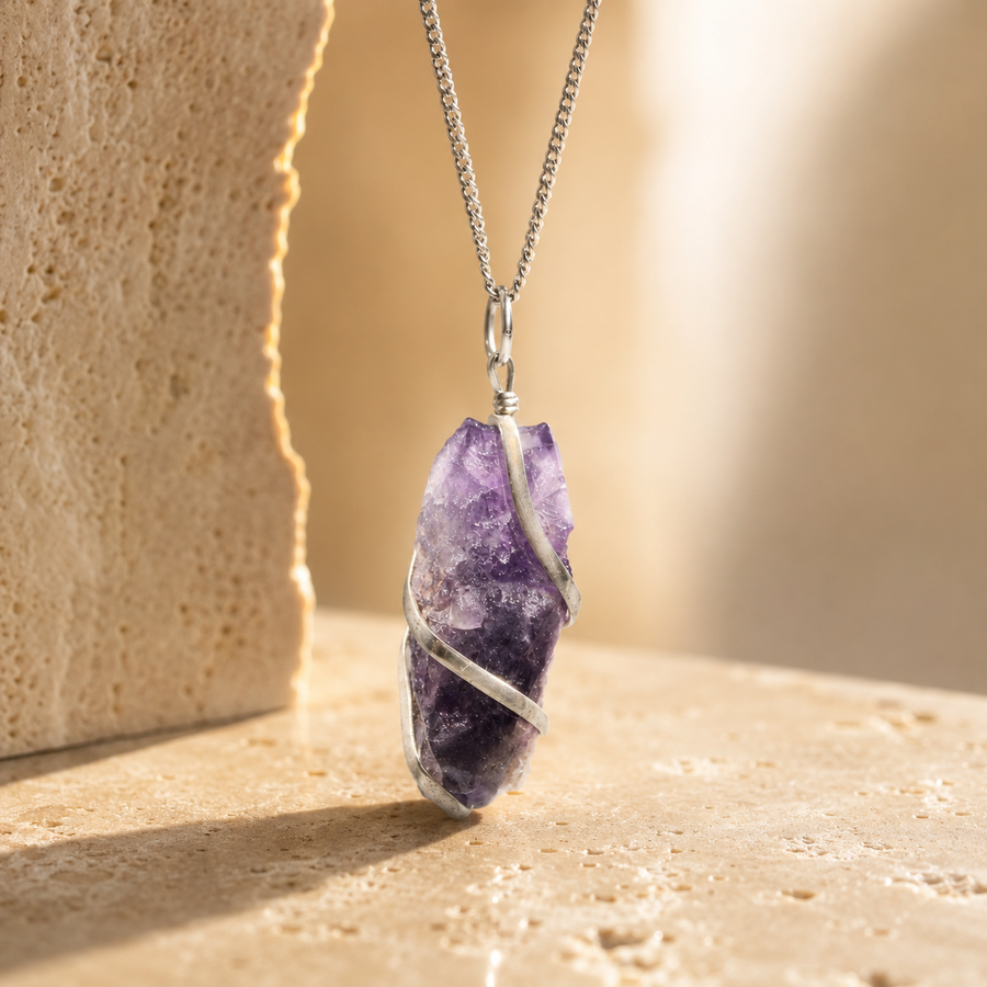 Collier de gemmes en cascade, améthyste brute