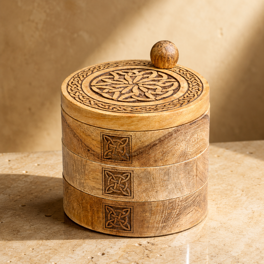 Coffret pivotant à trois niveaux, style celtique