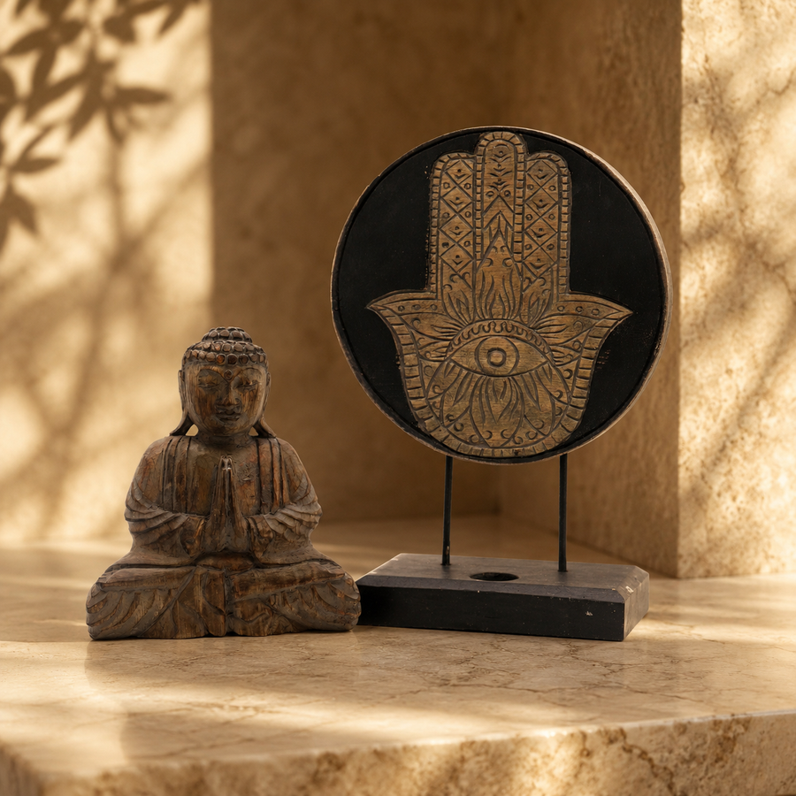 Ensemble Feng Shui Bouddha main de Fatma, gris