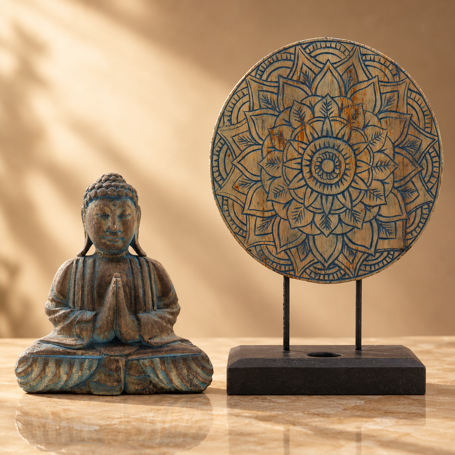 Ensemble Feng Shui Bouddha mandala floral, bleu