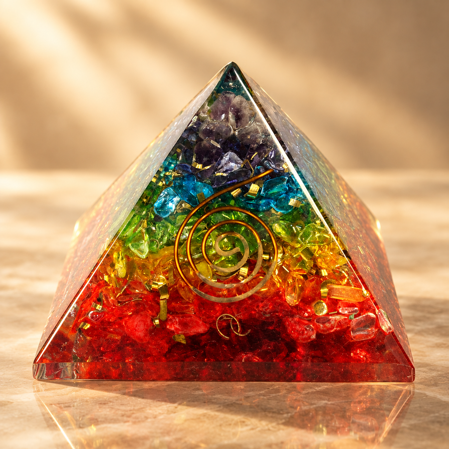 Pyramide d’orgonite gemmes de chakra 70 mm