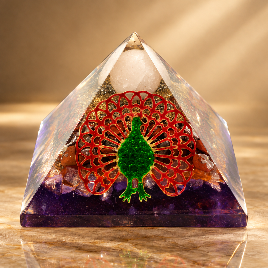 Pyramide d’orgonite paon 70 mm