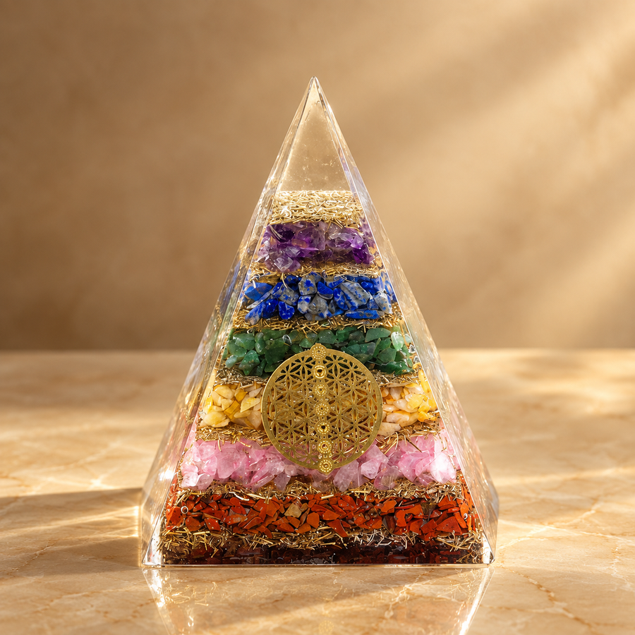 Pyramide d’orgonite fleur de vie des sept chakras 70 mm