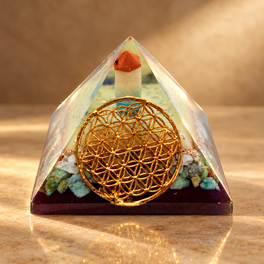 Pyramide d’orgonite fleur de vie 70 mm