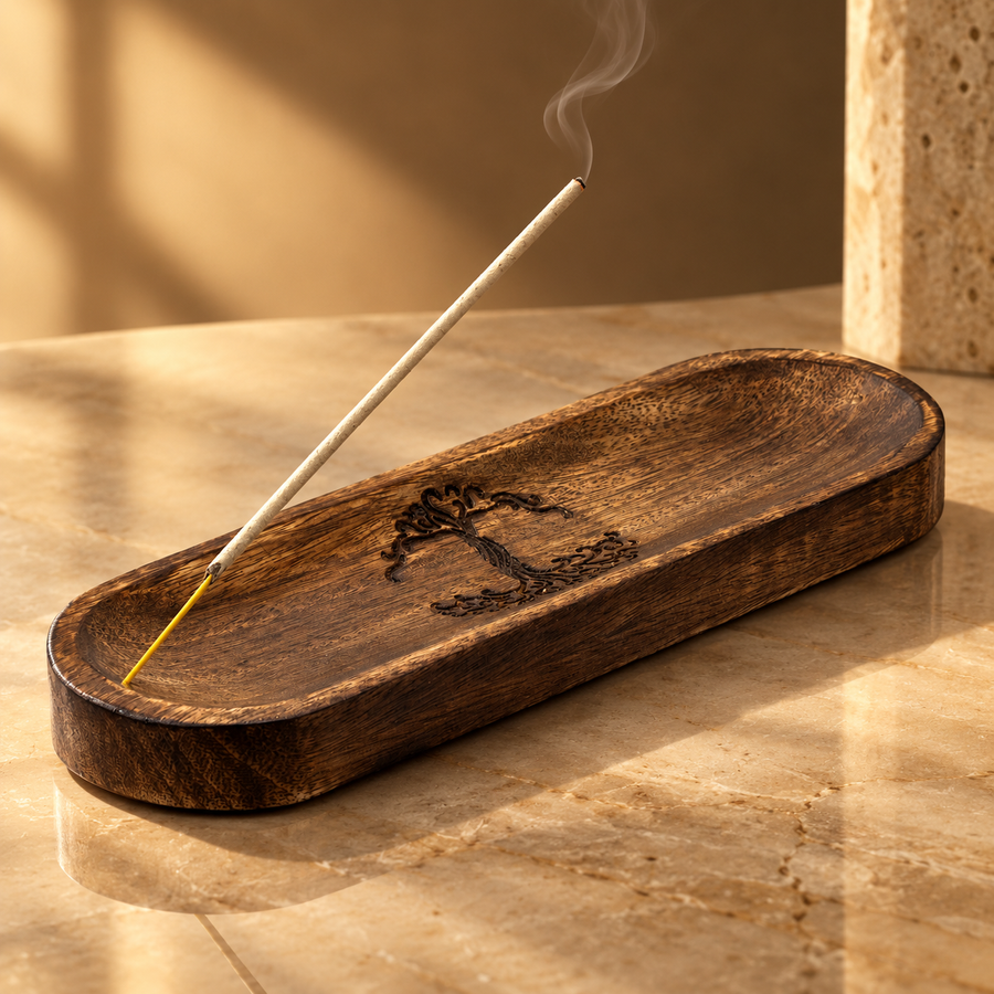 Plateau à encens en manguier arbre de vie 30 × 10 cm