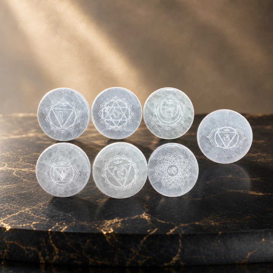 Jeu de 7 plaques de charge en sélénite chakras