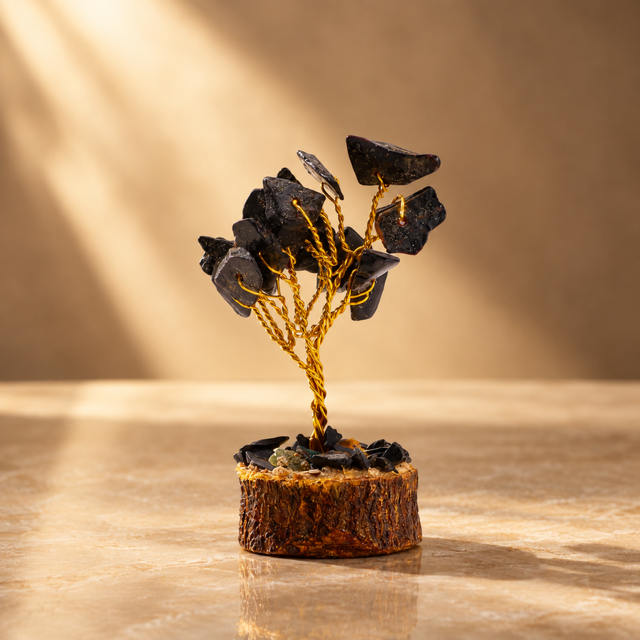 Mini arbre en agate noire, socle bois, 15 pierres