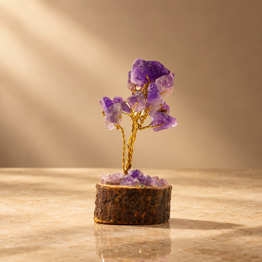Mini arbre en améthyste, socle bois, 15 pierres