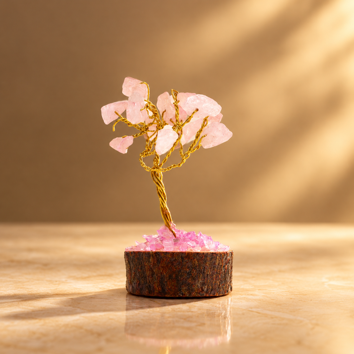 Mini arbre en quartz rose, socle bois, 15 pierres