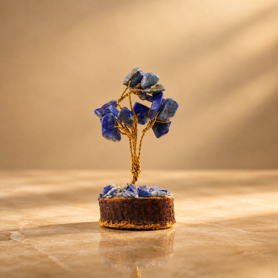 Mini arbre en sodalite, socle bois, 15 pierres