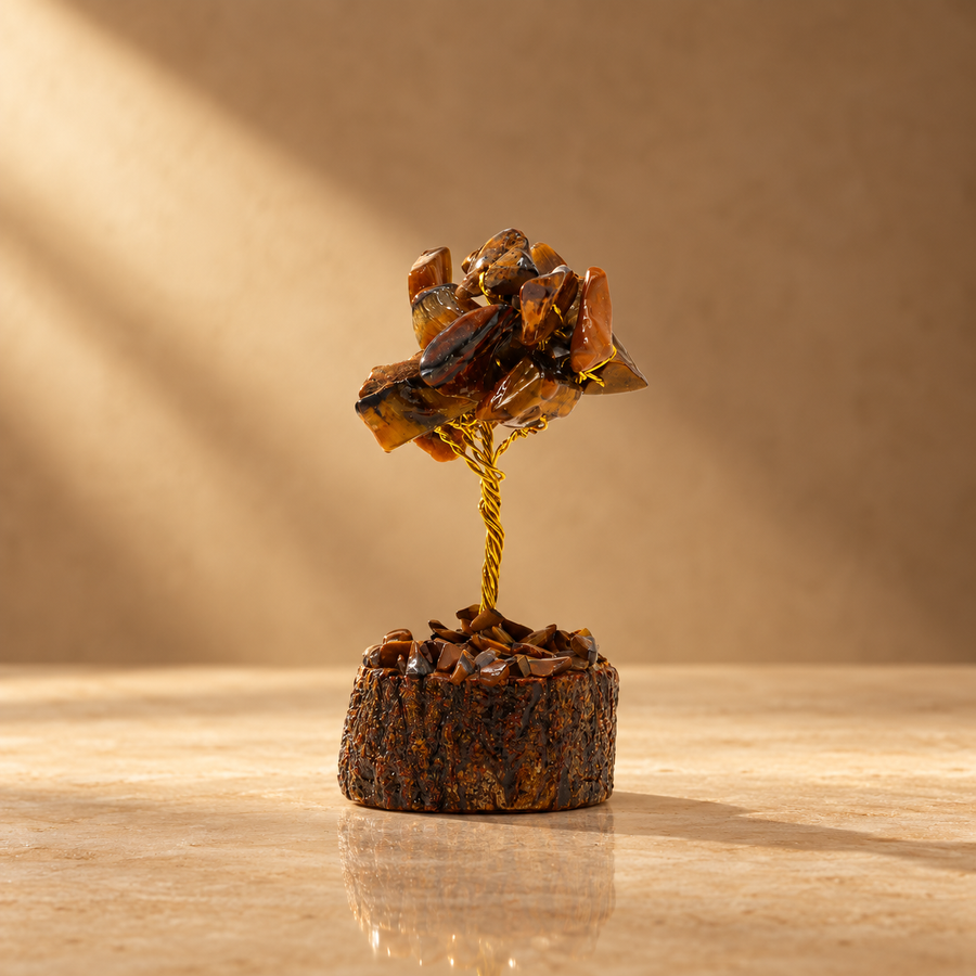 Mini arbre en œil de tigre, socle bois, 15 pierres