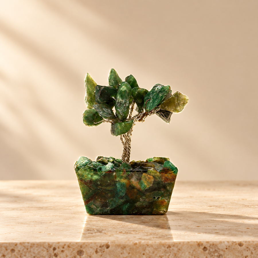 Mini arbre en aventurine verte, socle orgonite, 15 pierres