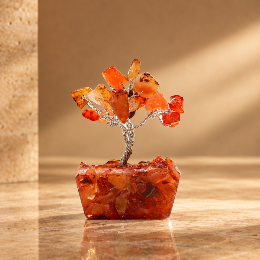 Mini arbre en cornaline, socle orgonite, 15 pierres