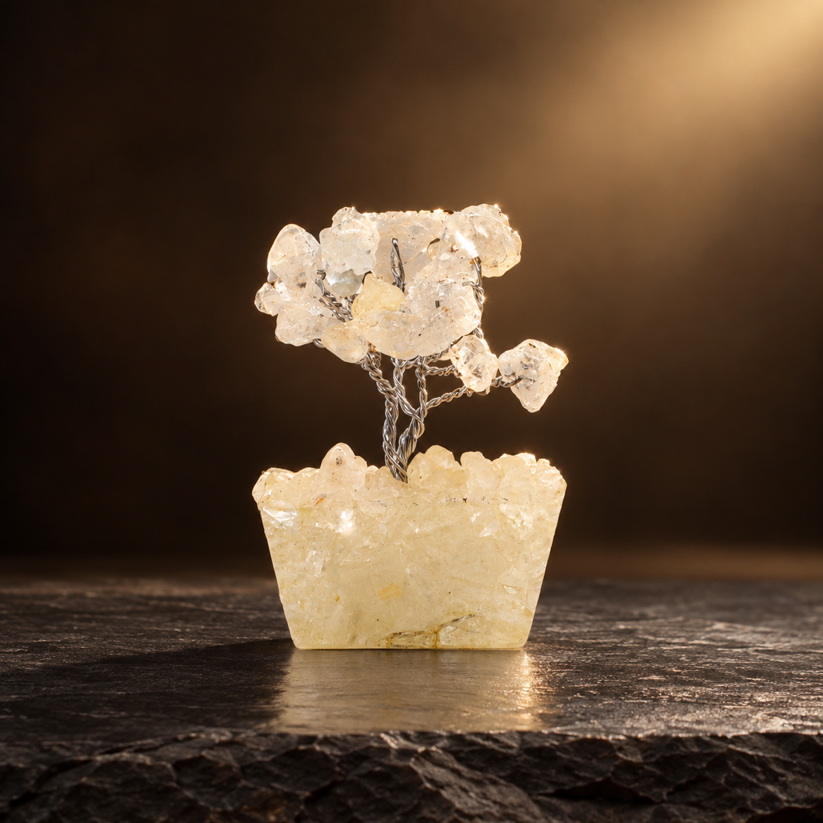 Mini arbre en cristal de roche, socle orgonite, 15 pierres