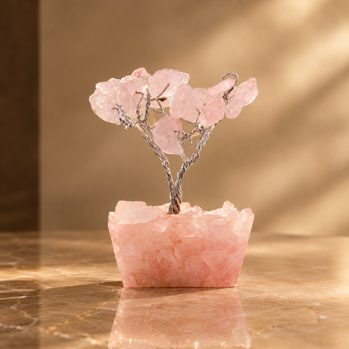 Mini arbre en quartz rose, socle orgonite, 15 pierres