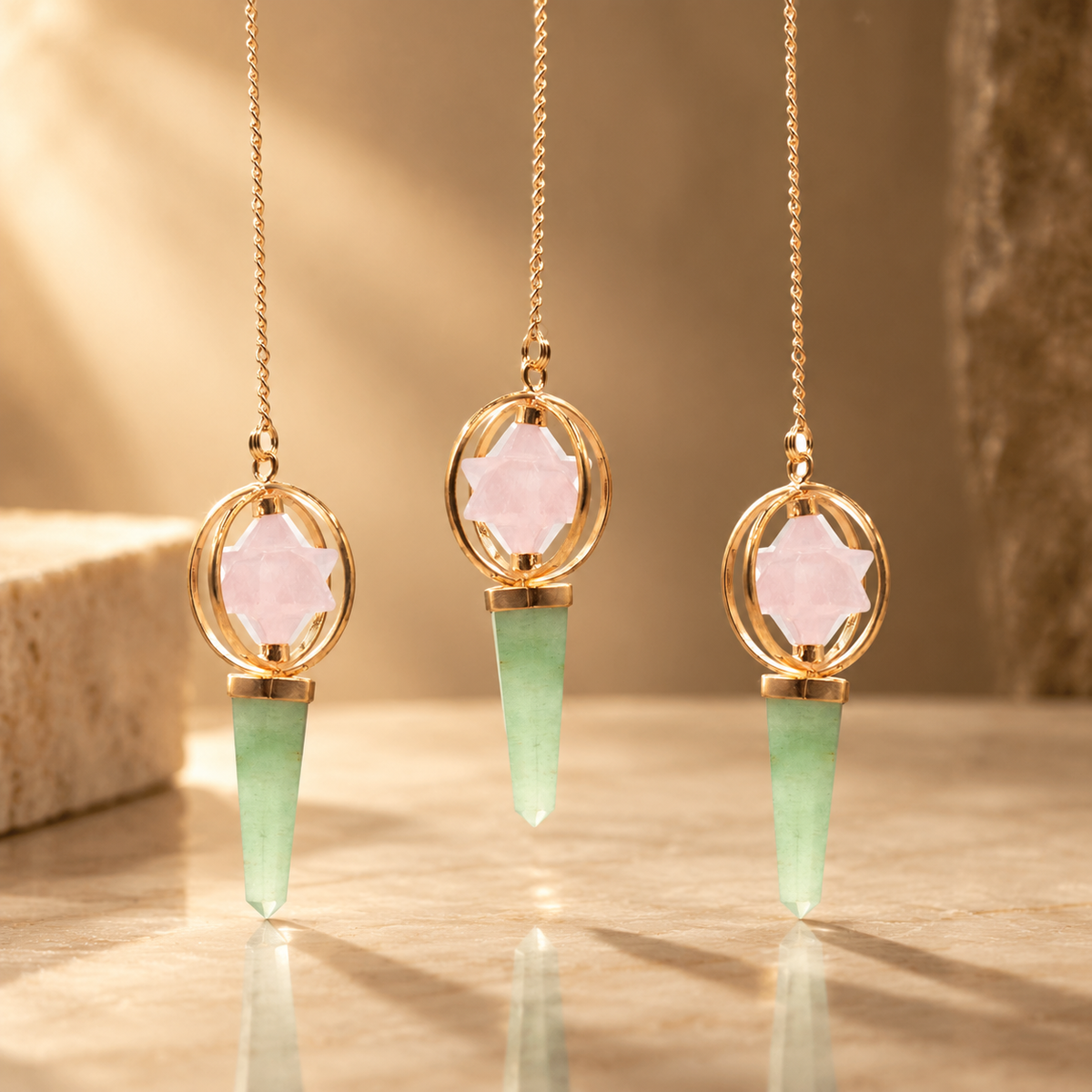 Pendule Boussole du cœur, Merkaba pivotant, quartz rose