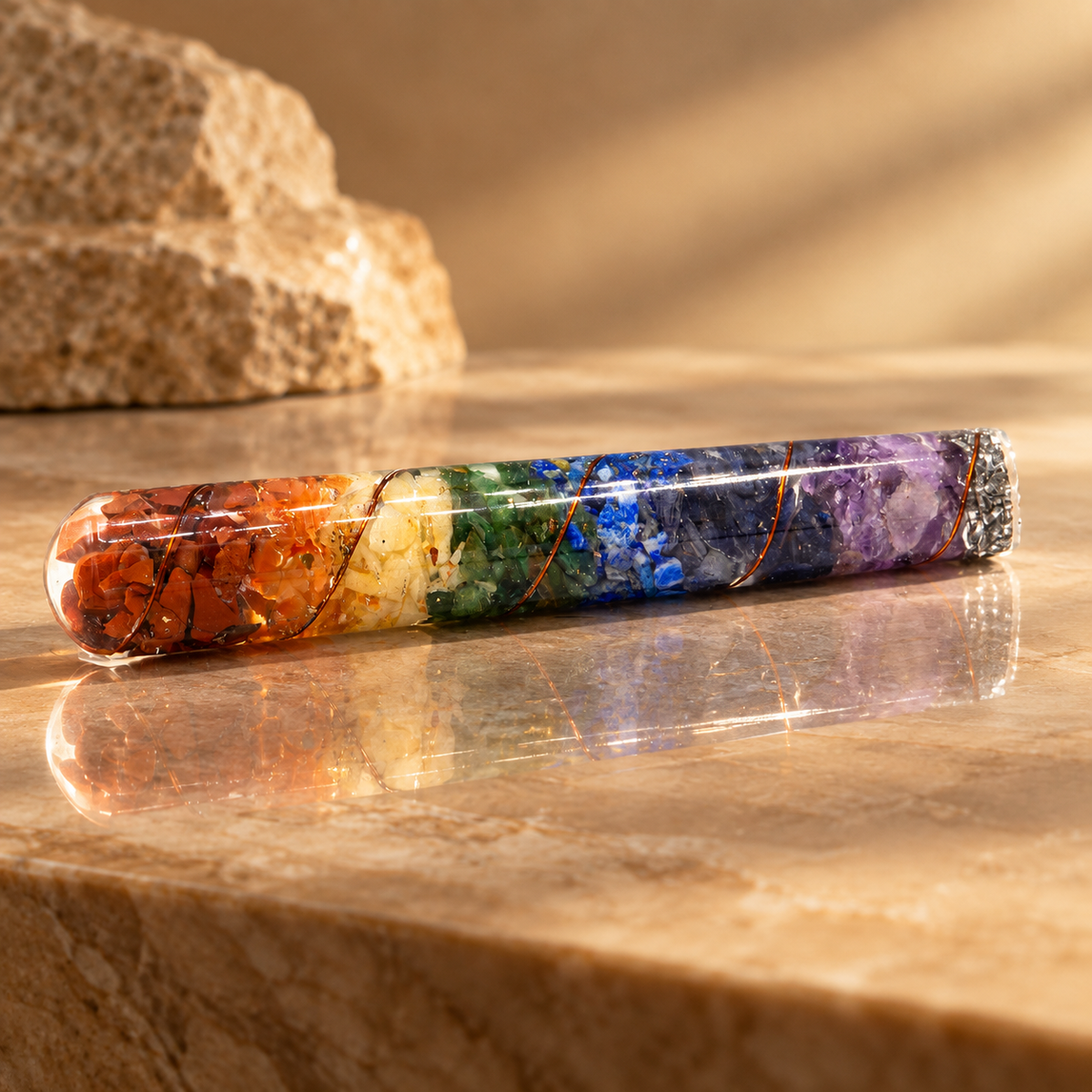 Baguette de soin en orgonite chakra et cuivre 14 cm