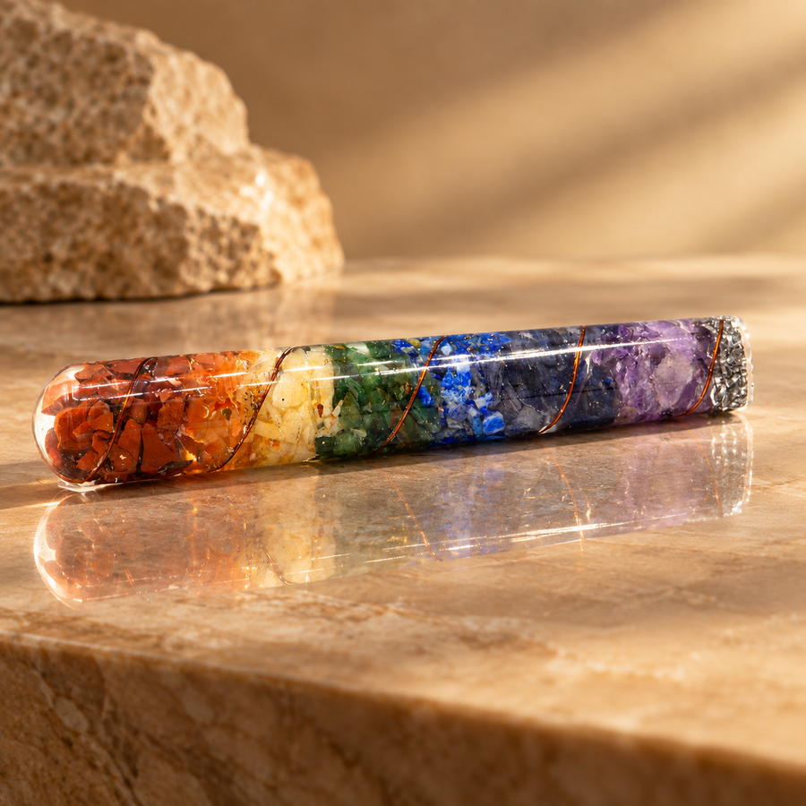 Baguette de soin en orgonite chakra et cuivre 14 cm