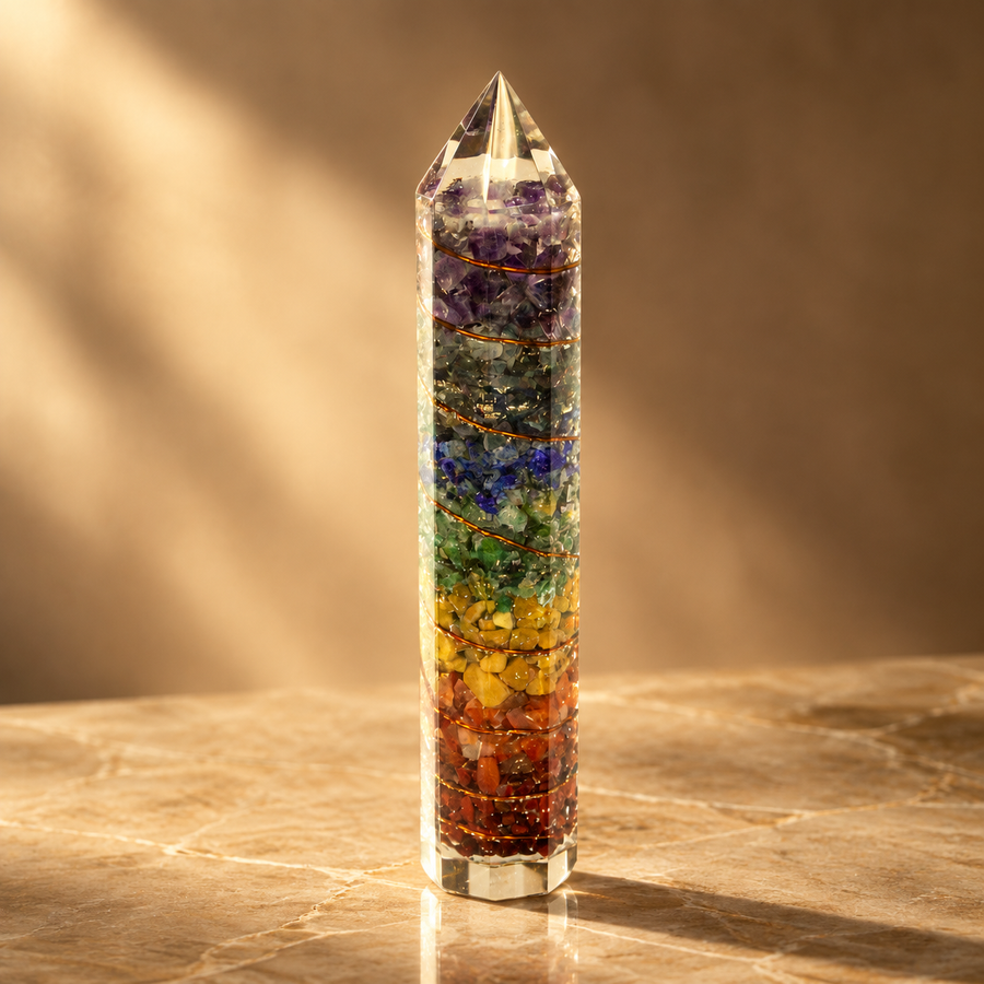 Obélisque d’orgonite sept chakras 15 cm