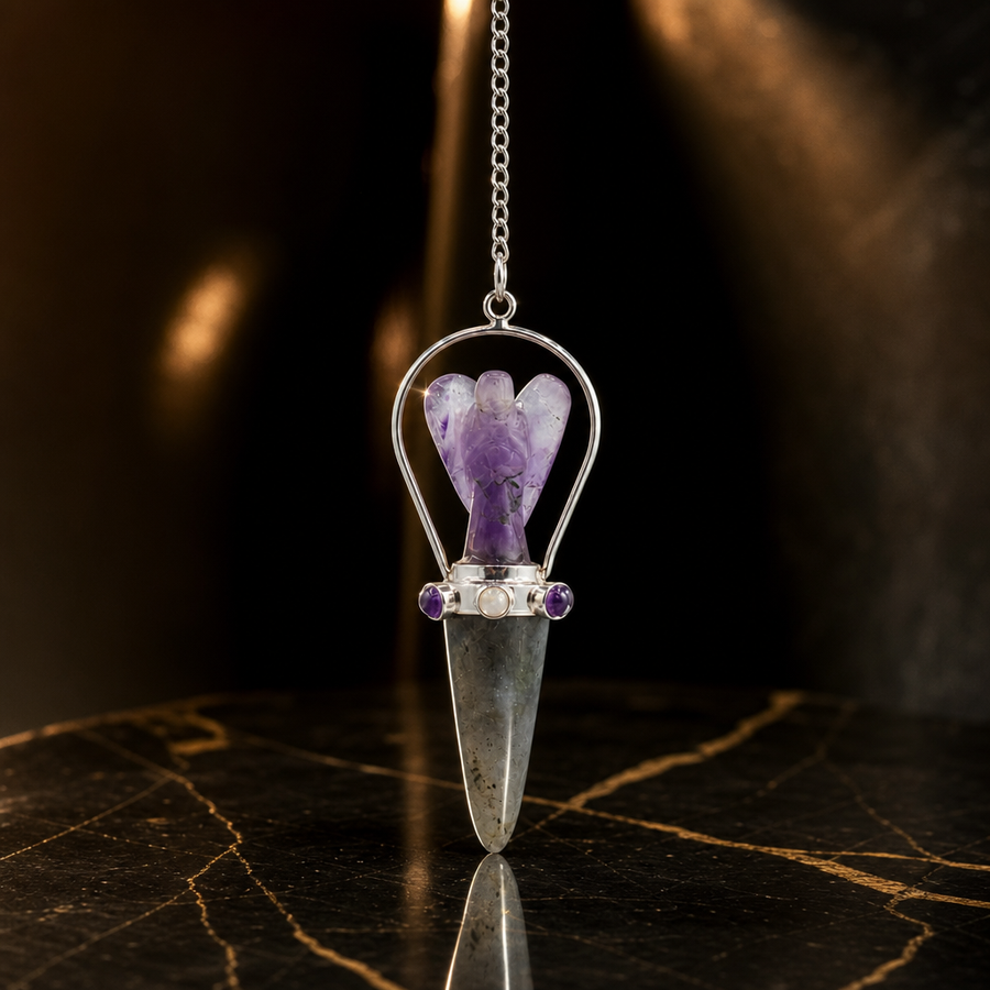 Pendule Marcheur de voile, ange, labradorite et améthyste