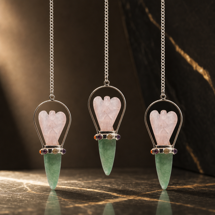 Pendule L’Oracle du cœur, ange, quartz rose et aventurine