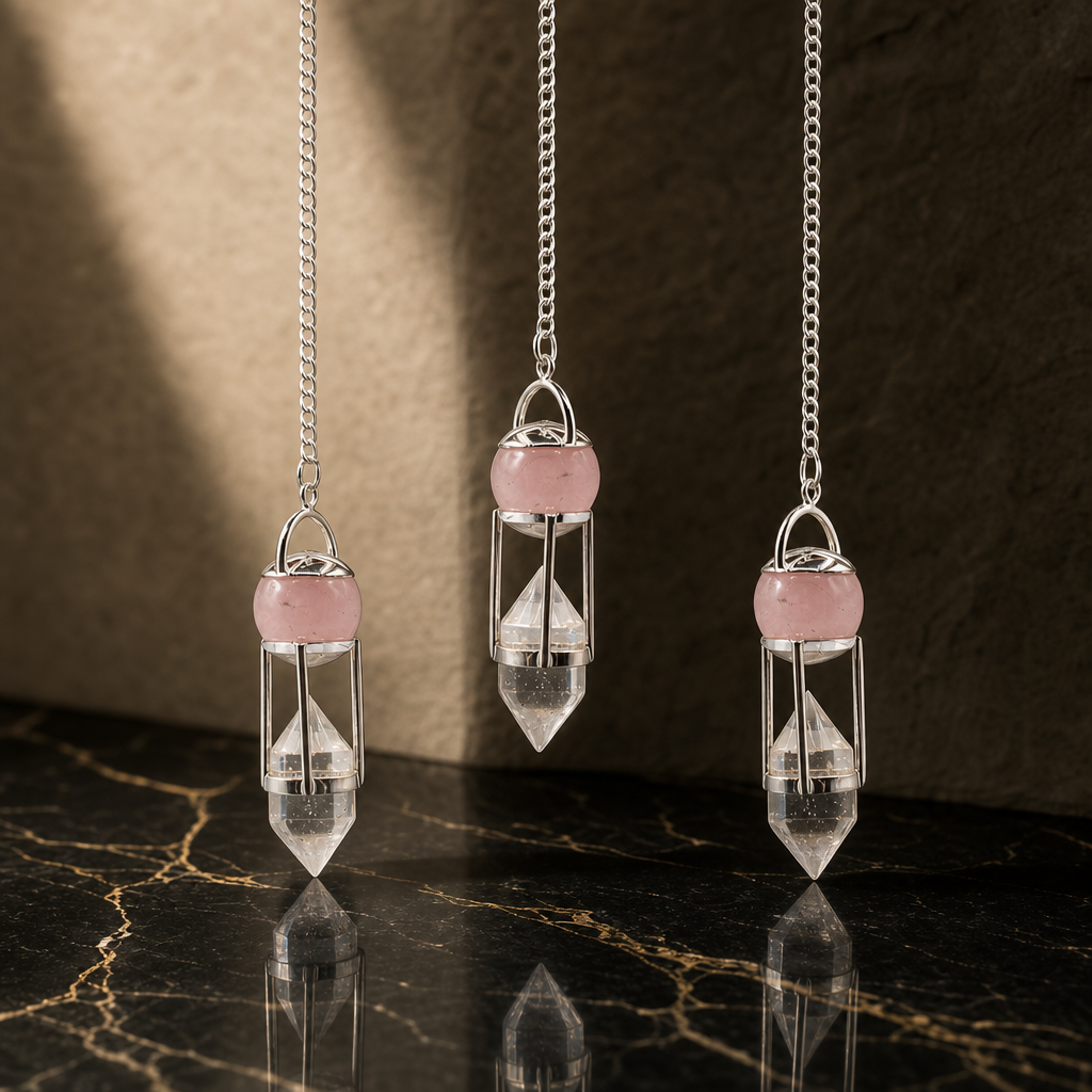 Pendule Murmure du cœur, double, globe de quartz rose