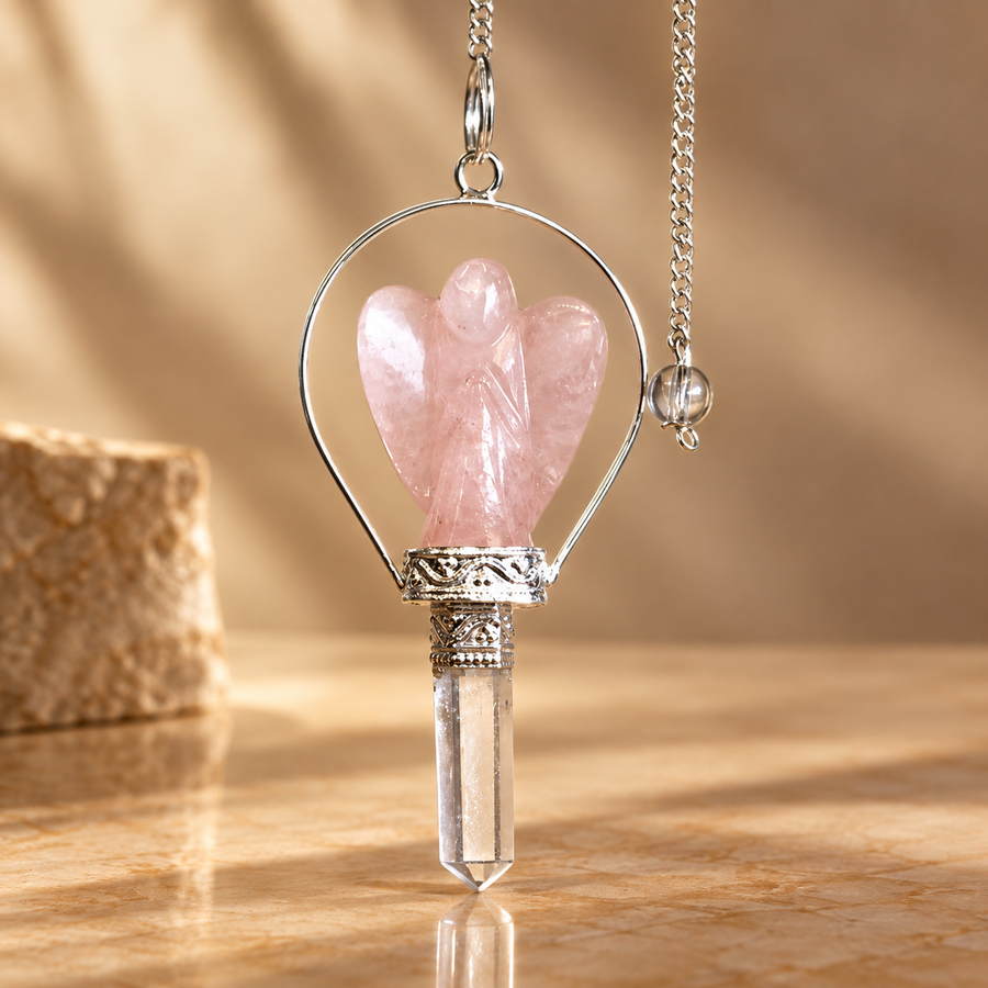Pendule d’ange à anneau en quartz rose